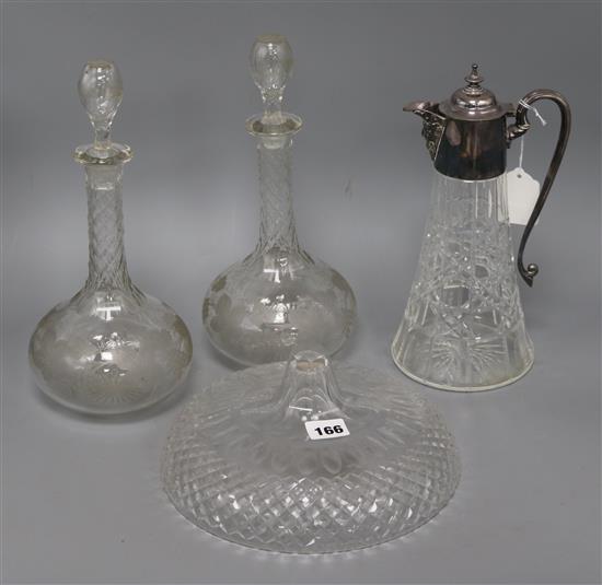 A pair of Victorian glass decanters, an EP mounted claret jug and a pedestal bowl (lacking base) tallest 31cm